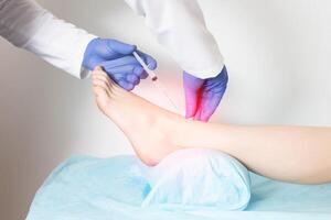 Doctor orthopedist makes an injection with blockade medication for cartilage regeneration and metabolism, close-up photo