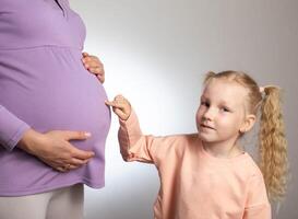 The daughter points to the big belly of the pregnant mother. The concept of waiting for replenishment in the family. Copy space for text photo