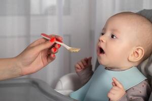 A mother feeds a baby boy who is 8 months old with meat puree. Feeding an infant. Close-up, copy space for text photo