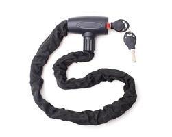 Anti-theft security lock for motorcycle and moped with key on white background, isolate. Close-up, safety photo