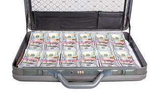 Open suitcase with money dollars on a white background. Healthcare and pharmaceutical spending concept, isolate photo