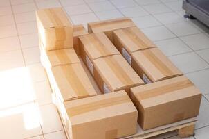 Pallet with cardboard boxes in production. The concept of cheap and durable cardboard packaging at a low cost photo