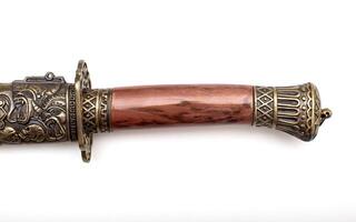 Beautiful patterns on the katana saber on the handle and protective case, close-up photo