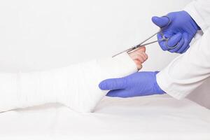 The doctor removes the plaster cast with medical scissors on a white background. Fibular ankle fracture, copy space photo