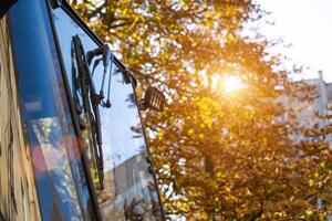 Windshield with wiper on the background of autumn tree and sun, copy space for text photo