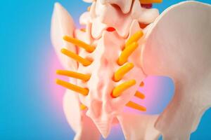 Model of the human spine, section of the inflamed coccyx with nerves on a blue background. Pinched nerve due to problems with the spine. Spondylolisthesis and spinal stenosis, close-up. photo