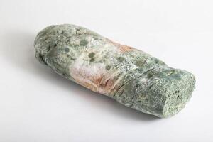 Green moldy bread on a white background, isolate. Loaf with mold, macro photo
