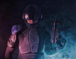 Cyberpunk concept, future world. Police officer cop in dark, halfman bionic cyborg or reloads gun, twitches cocking lever, Stands looks at camera in dark. Science fiction scene, fantasy, sci. photo
