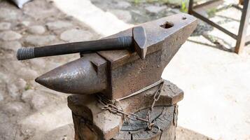 Anvil in the forge and a lot of hammers. Workshop for working with iron. industry photo