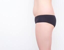 Girl in black shorts with small buttocks on a white background. The concept of buttock augmentation with the help of implants, white background, copy space, healthy photo