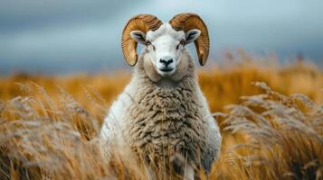 A cute and fluffy ram standing in a field of tall grasses, looking upwards. photo