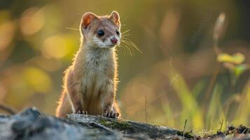 A small cute fox cub stands on a rock with morning sun lighting it up. photo
