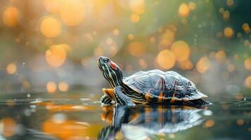 A turtle is swimming through a body of water with flare-like reflections and softly blurred background, emphasizing the calm environment. photo