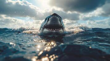 a shark close to the surface of the ocean, captured from below. photo