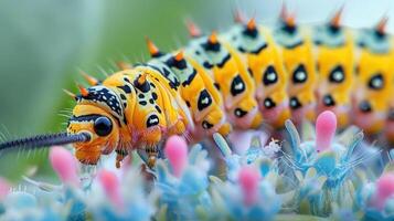 A close-up image of a colorful caterpillar covered in small spikes, resting on a flower bed. photo
