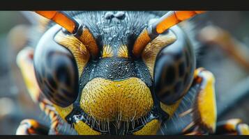 Close-up photograph of an insect's head and wings, possibly a bee, with droplets visible on the wing. photo
