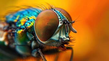 A close-up image of a fly with vibrant coloration and a drooling appearance. photo
