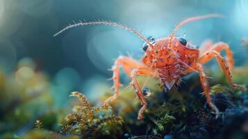 A close-up photo of a red crab walking on moss covered rocks in a natural environment.