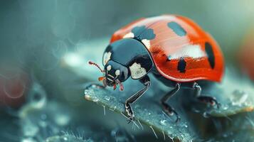 features a close-up of a ladybug perched on a tree branch with a blurred background to emphasize the subject. photo