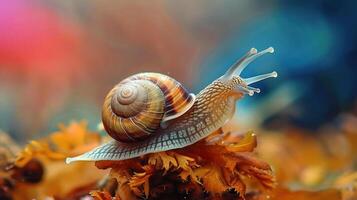 A close-up view of a sea snail moving through the underwater kelp forest. photo