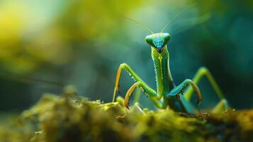 A vivid image of a ladybug standing on moss with a close-up of its face and antennae, surrounded by greenery. photo