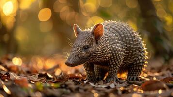 A cute dwarf animal walking on a leaf-covered forest floor during sunset. photo