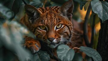 A beautiful wild cat peeks from the foliage, its gaze fixed on something unseen in the distance. photo