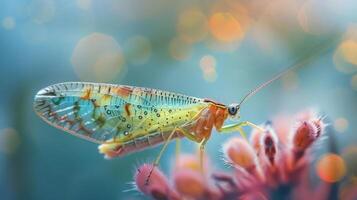 A vividly colored dragonfly perched on a pink flower with an out-of-focus blurred background. photo