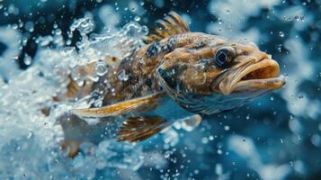A close-up image of an angry fish with open mouth and sharp teeth, captured underwater. photo