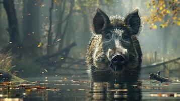 A wild boar standing on the edge of a river surrounded by leaves and trees during the fall season. photo