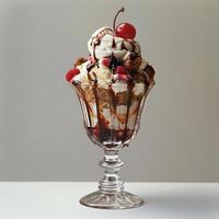A fancy ice cream sundae in a metal tray, topped with whipped cream and cherries. photo