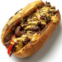 Cut view of a steak sandwich topped with cheese, peppers, and sauce. photo
