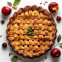 Apple pie with a golden crust, filled with sliced apples and cinnamon. photo