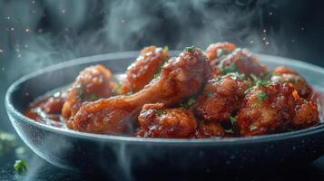 Delicious looking chicken wings in a rich red sauce, ready to be enjoyed. photo