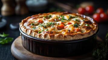 A tantalizing quiche slices, resting in a rustic wooden pan. The golden-brown crust hints at a rich flavor, complemented by the vibrant colors of fresh basil and sunny tomatoes. photo
