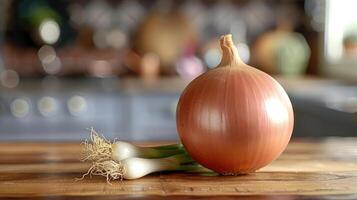 An image of fresh cut vegetables sitting on a wooden table, likely in a kitchen setting. photo