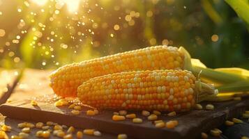 Fresh corn on the cob with kernels popping off, a beautiful summer image. photo