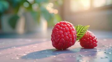 A vibrant image of fresh raspberries with fern leaves on a table. photo