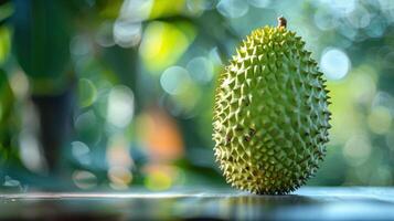 A tree with a cluster of ripe durians on it, showing the fruit's texture and growth stage. photo