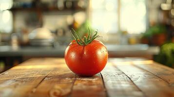 A ripe tomato sits on a wooden table, ready to be enjoyed. photo