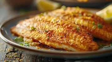 Plate of crispy fried fish garnished with lemon zest and dill, served on wooden surface. photo