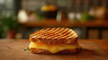 A close-up image of a toasted sandwich, featuring cheese, on a wooden cutting board. photo