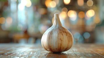 Close-up of a whole onion with the top cut off, sitting on a wooden surface. photo
