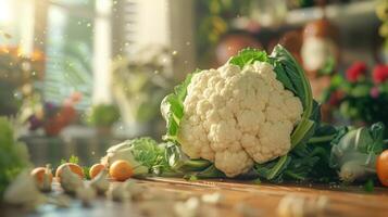 A close-up of a fresh bunch of cauliflower with other vegetables in the background. photo