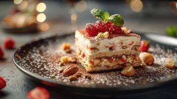 Three layer dessert with berry topping and white cream filling, garnished with a mint leaf. photo