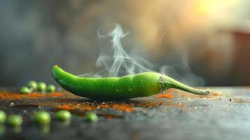 A green bell pepper lies on a table with smoke and smells of garlic wafting around it. photo