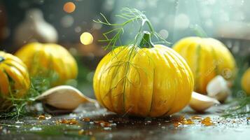 A collection of pumpkins with garnish, ready for harvest. photo