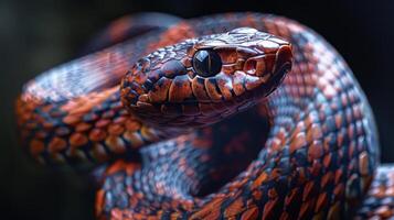 A red snake coiled in the wild, warning of its deadly nature. photo