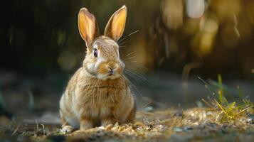 A sweet little bunny on the grass, looking at something with a happy expression. photo