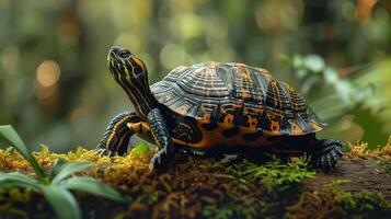 A snapping turtle with a vibrant patterned shell, resting on lush green moss and ferns in a jungle setting. photo
